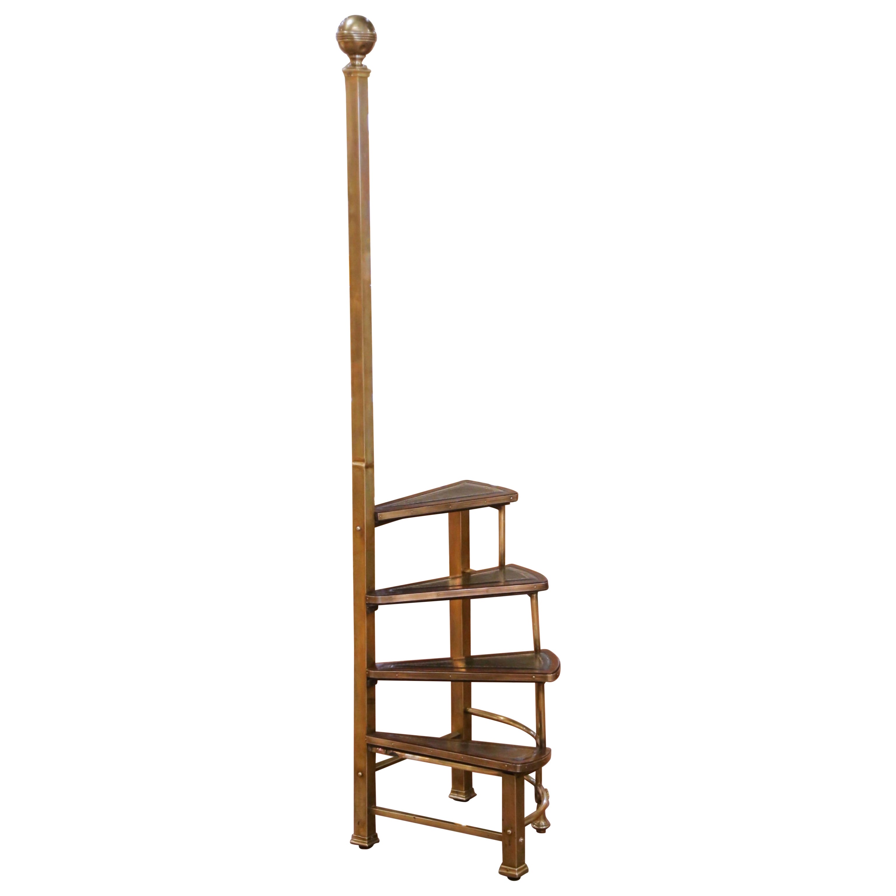 Early 20th Century English Edwardian Four-Step Brass and Leather Library Steps