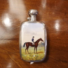 Early 20th century English Enamel Equestrian Silver Flask