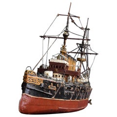 Antique Early 20th Century English Folk Art Scratch Built Ship Model Thunder