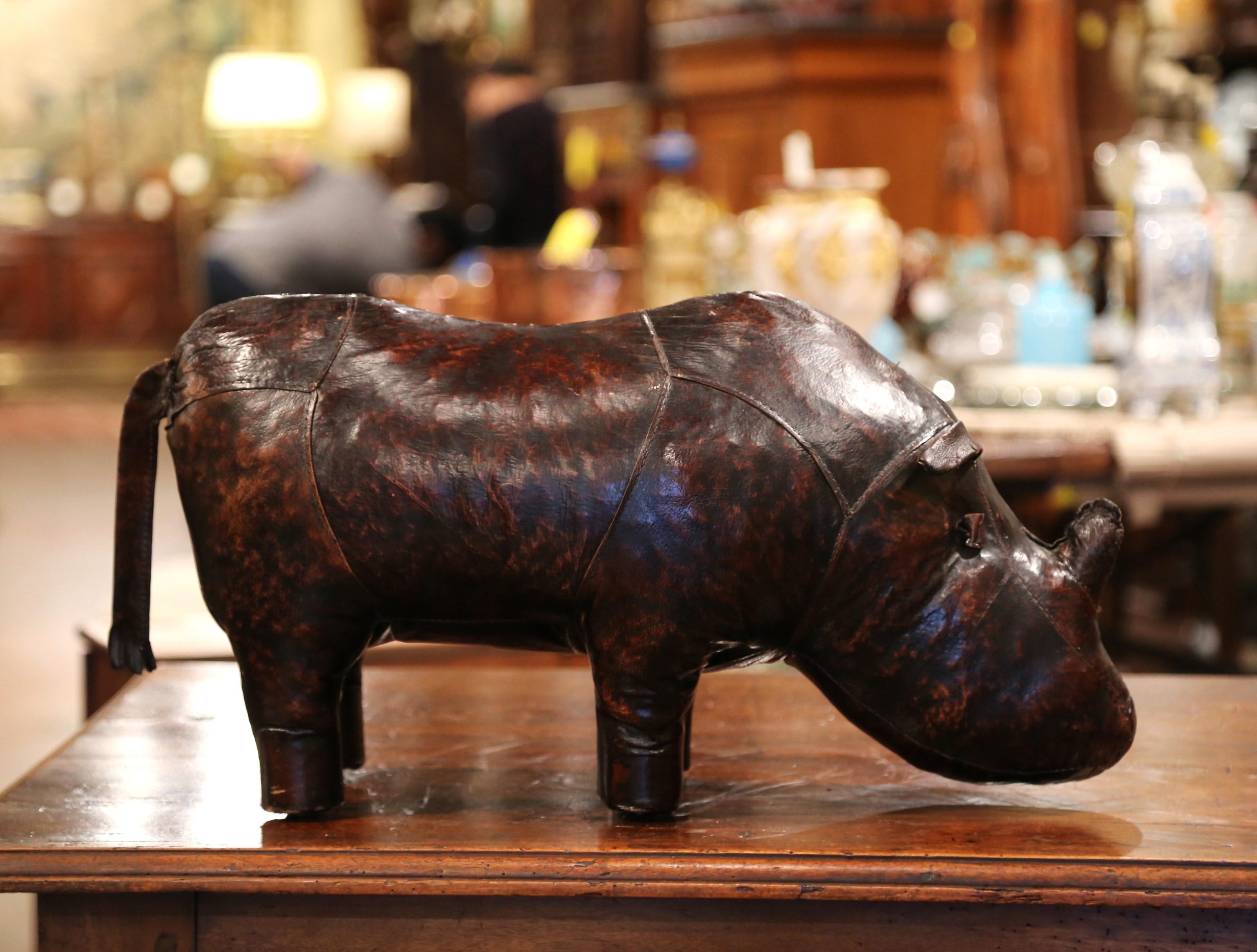 Hand-Crafted Early 20th Century English Footstool Rhino Sculpture with Original Brown Leather