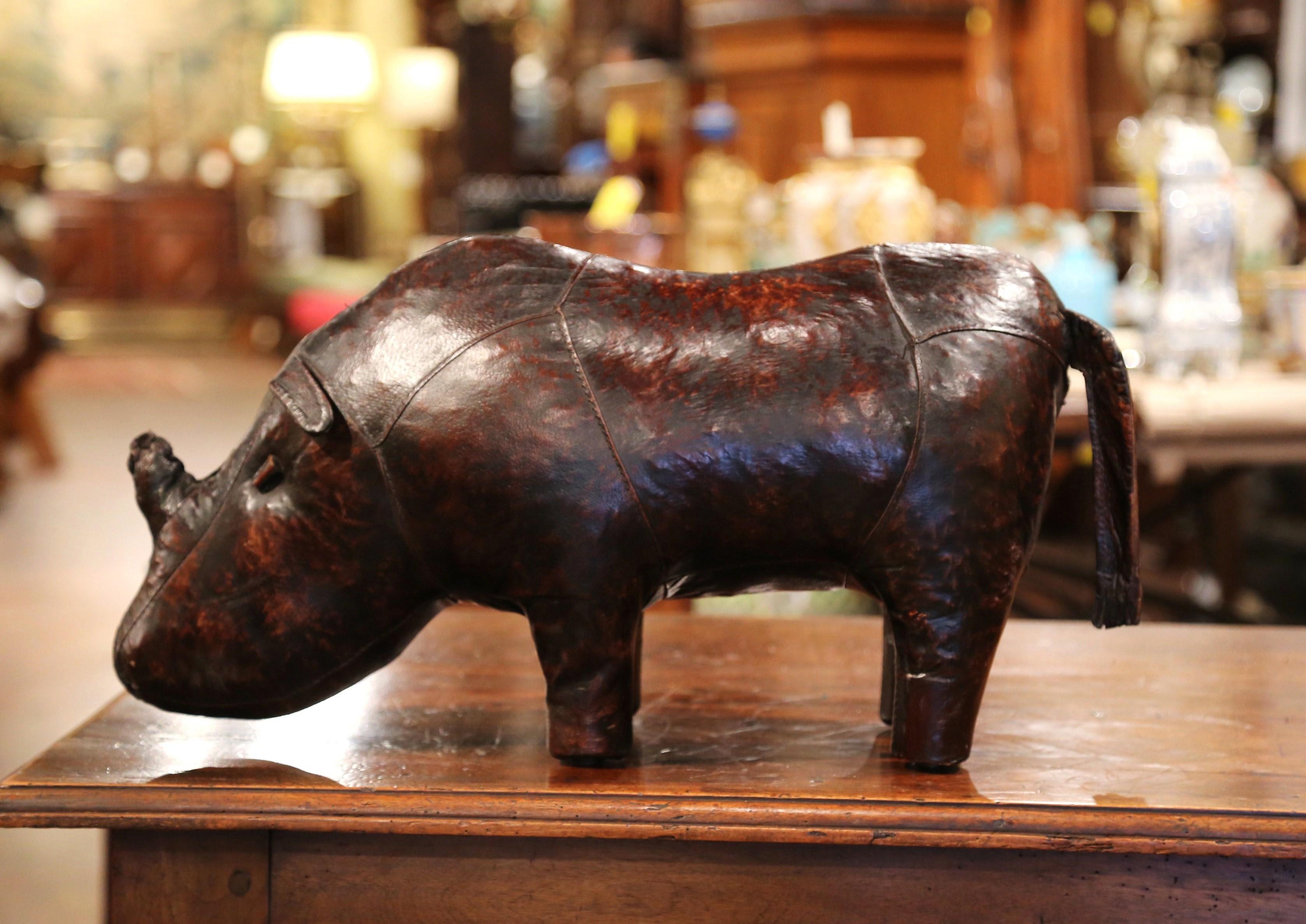 Early 20th Century English Footstool Rhino Sculpture with Original Brown Leather In Excellent Condition In Dallas, TX