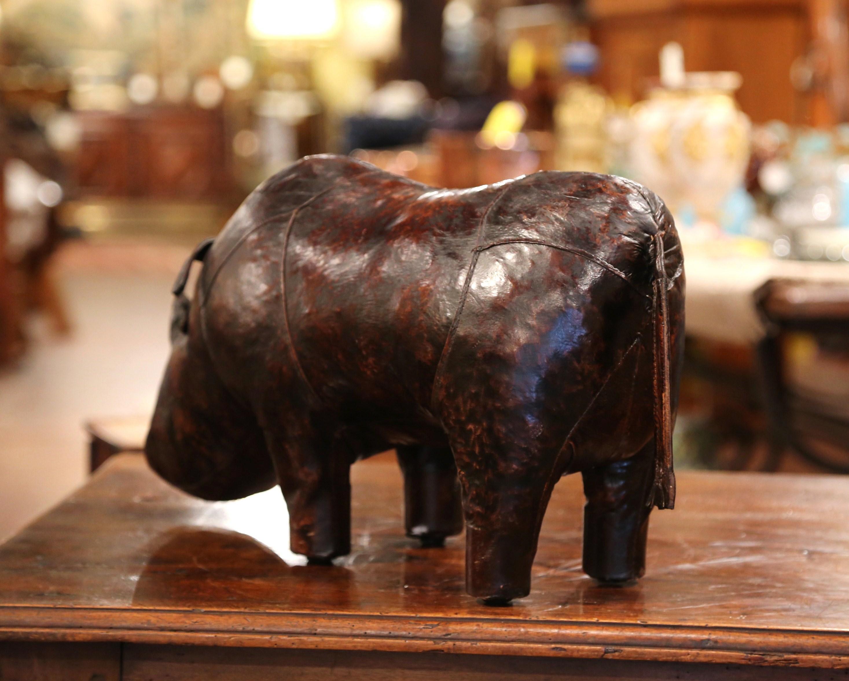 Early 20th Century English Footstool Rhino Sculpture with Original Brown Leather 1