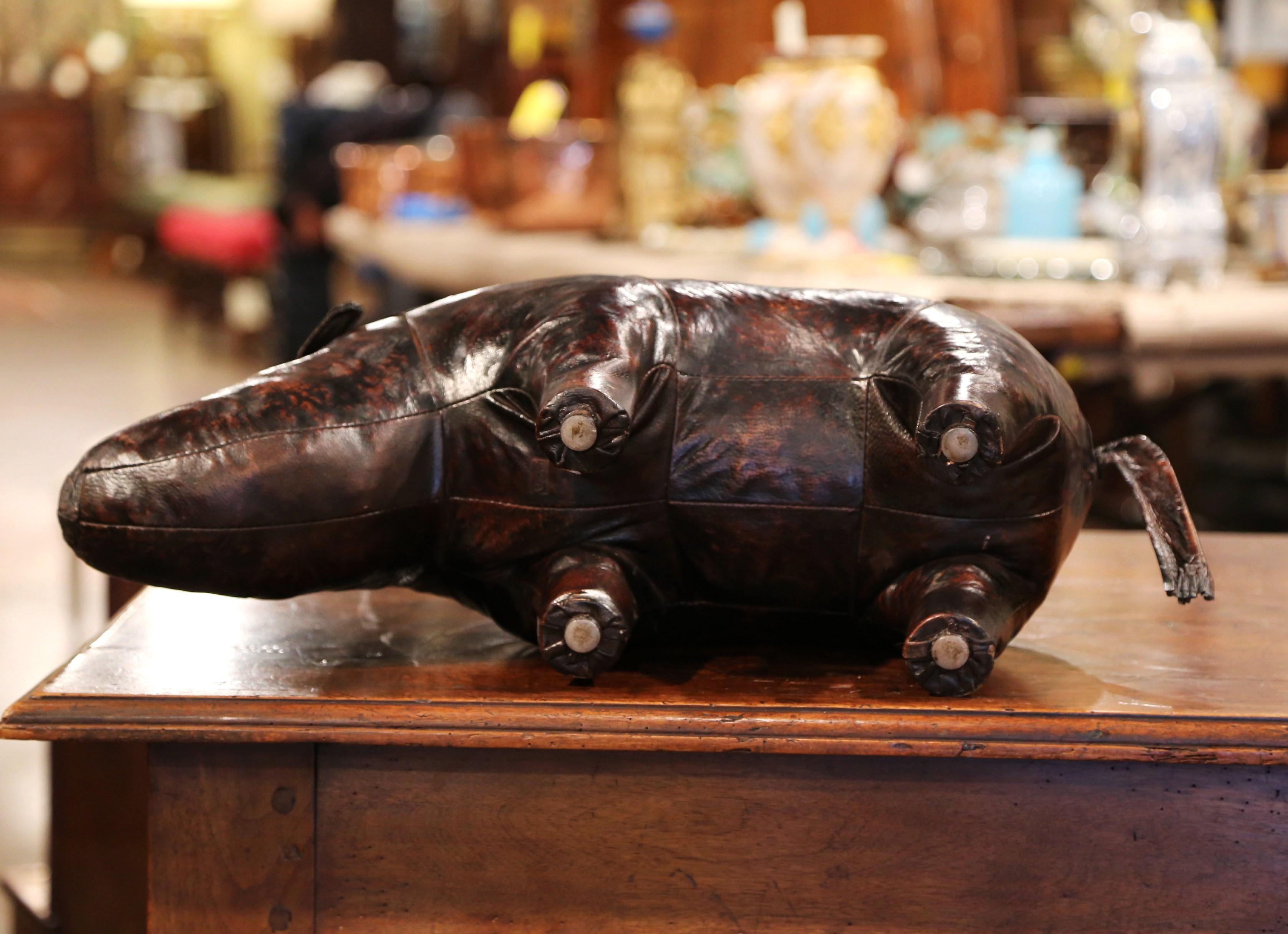 Early 20th Century English Footstool Rhino Sculpture with Original Brown Leather 2