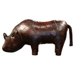 Antique Early 20th Century English Footstool Rhino Sculpture with Original Brown Leather