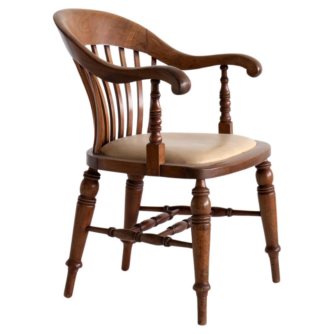 Early 20th Century English Fruitwood & Leather Desk Chair For Sale