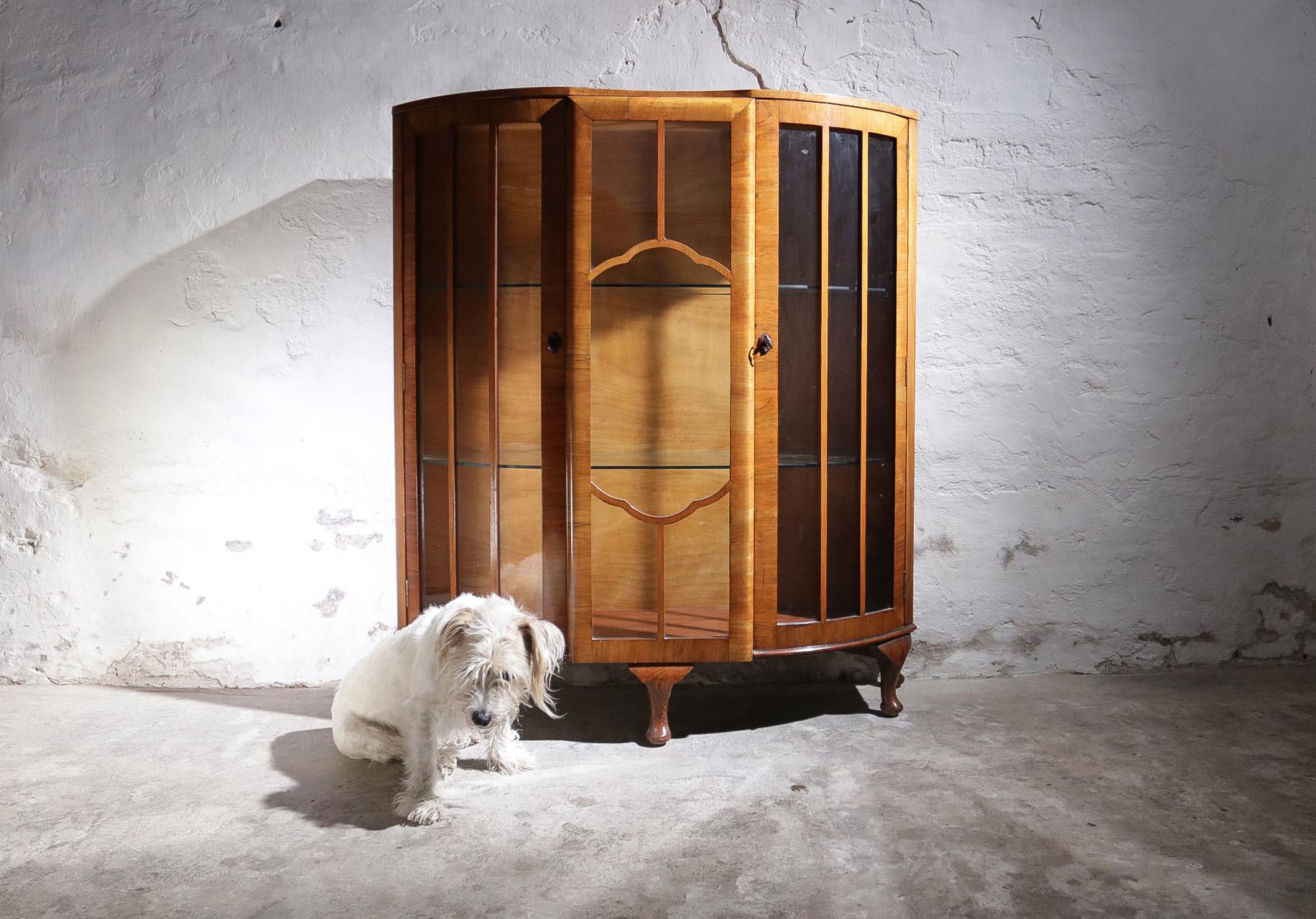 Delicate display cabinet made of beautiful warm walnut wood veneer. Round shapes and slender ornamentation. 


Measurements: 101 cm wide, 35 cm deep and 117 cm high.

   