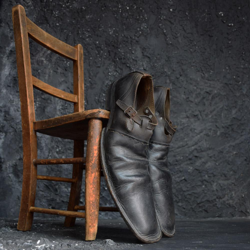 Early 20th century English clown shoes
We are proud to offer an original early 20th Century handmade leather clown shoes. Made from handstitched leather soles, adjustable leather buckles and oversized tips. A very cool and highly decorative circus