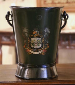 Early 20th Century English Hand-Painted Iron Coal Bucket with Coat of Arms