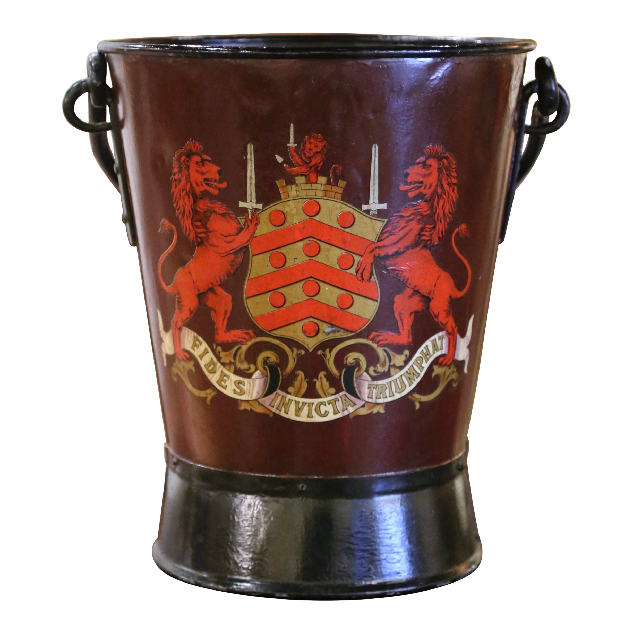 Early 20th Century English Hand-Painted Iron Coal Bucket with Coat of Arms