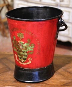 Early 20th Century English Hand Painted Iron Coal Bucket with Crest Decor