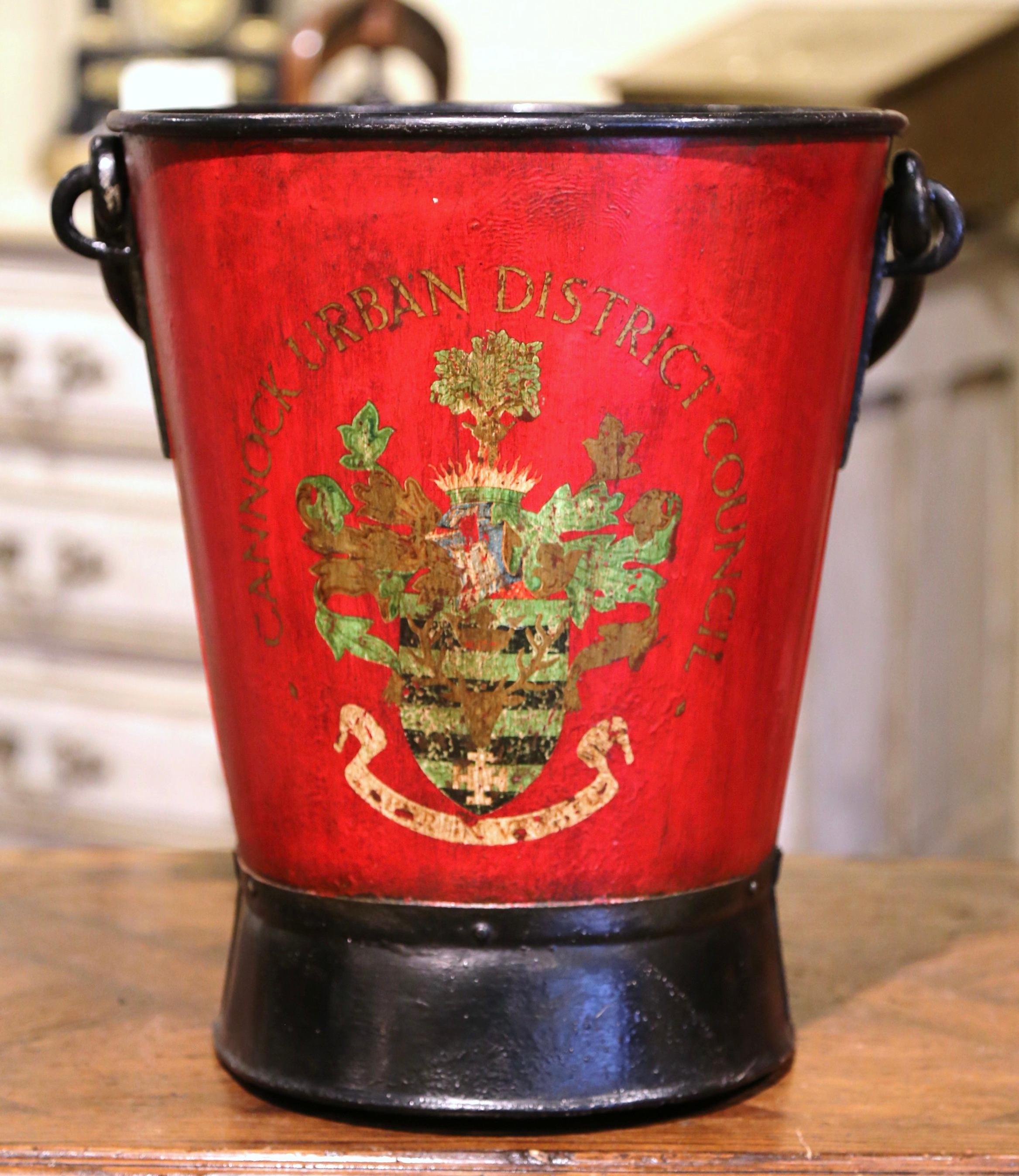 Patinated Early 20th Century English Hand Painted Iron Coal Bucket with Crest Decor