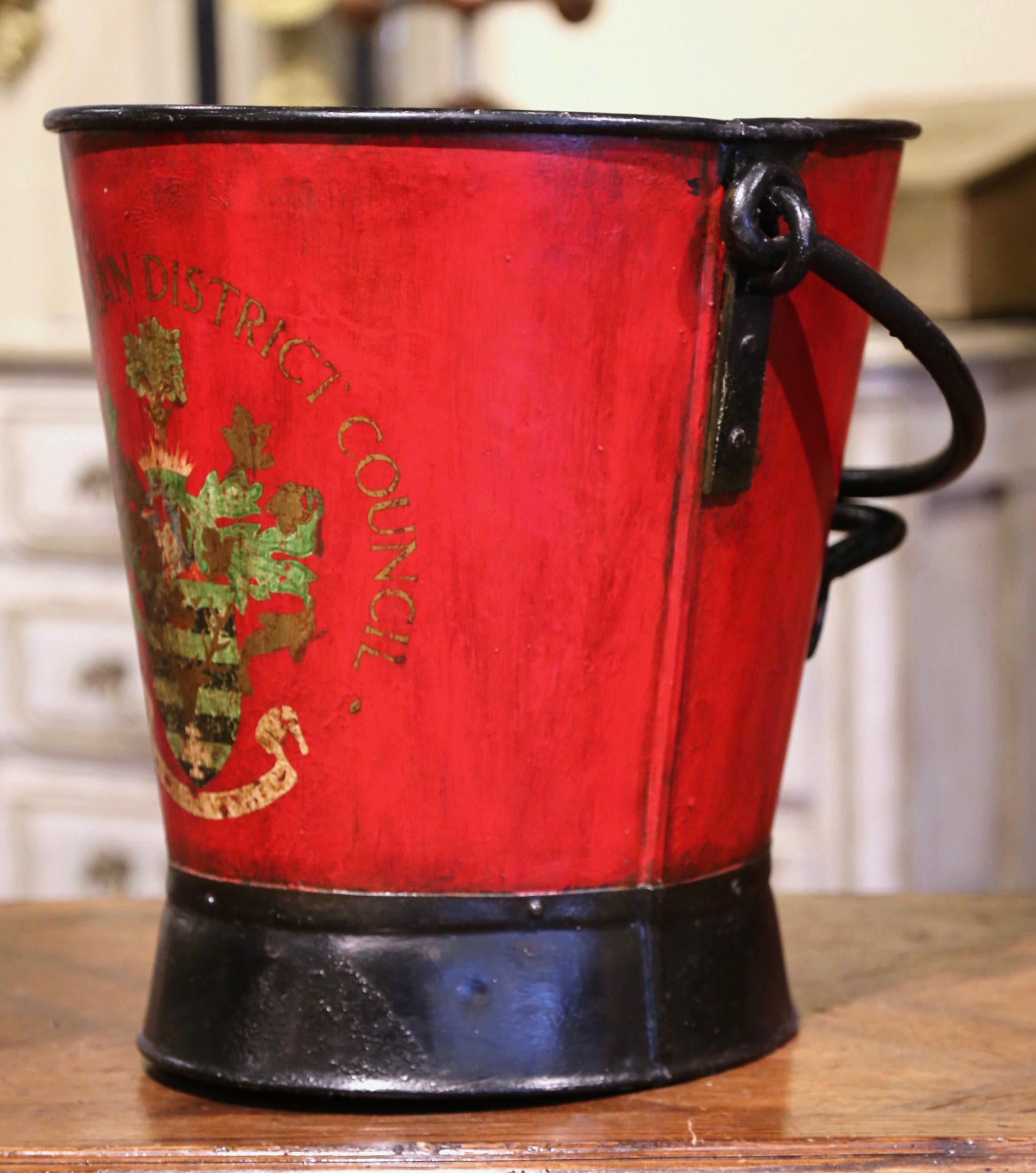 Metal Early 20th Century English Hand Painted Iron Coal Bucket with Crest Decor