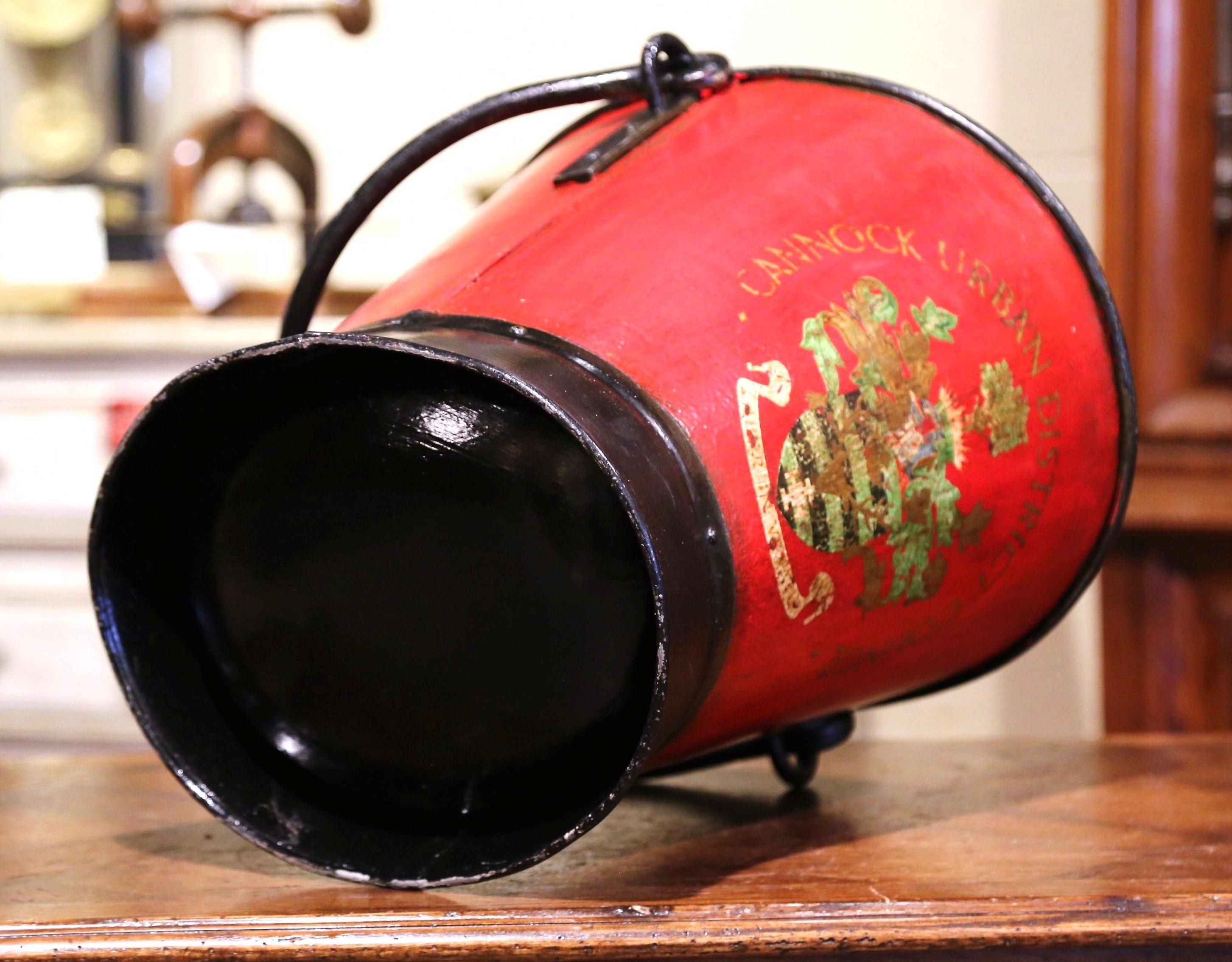 Early 20th Century English Hand Painted Iron Coal Bucket with Crest Decor 2