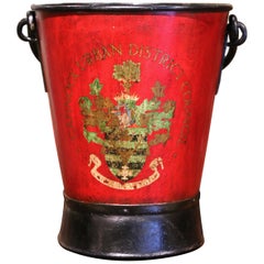 Antique Early 20th Century English Hand Painted Iron Coal Bucket with Crest Decor