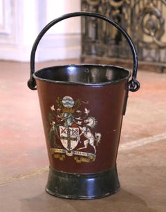 Early 20th Century English Hand-Painted Iron Fire or Coal Bucket with Crest