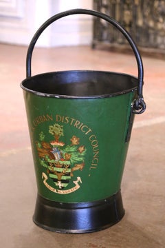 Early 20th Century English Hand-Painted Iron Fire or Coal Bucket with Crest