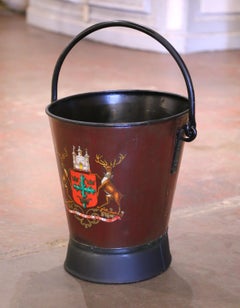 Early 20th Century English Hand-Painted Iron Fire or Coal Bucket with Crest