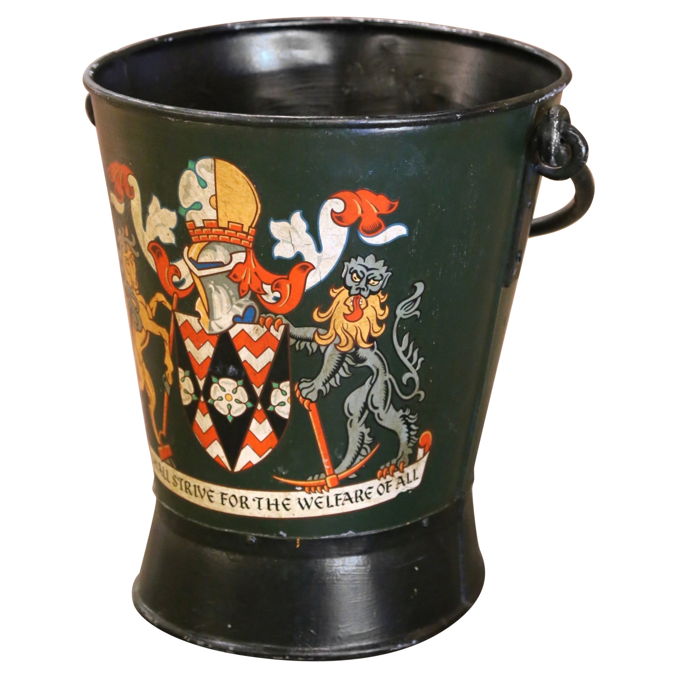 Early 20th Century English Hand-Painted Iron Fire or Coal Bucket with Crest