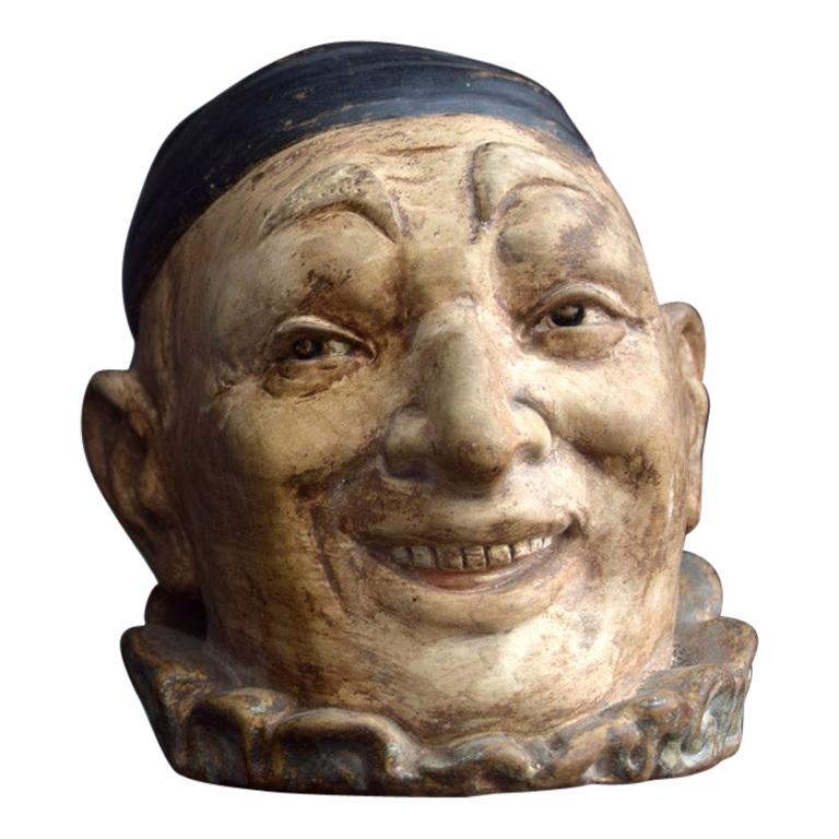 Early 20th Century English Hand Sculpted Signed Pottery Clown Tobacco Jar