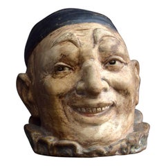 Antique Early 20th Century English Hand Sculpted Signed Pottery Clown Tobacco Jar