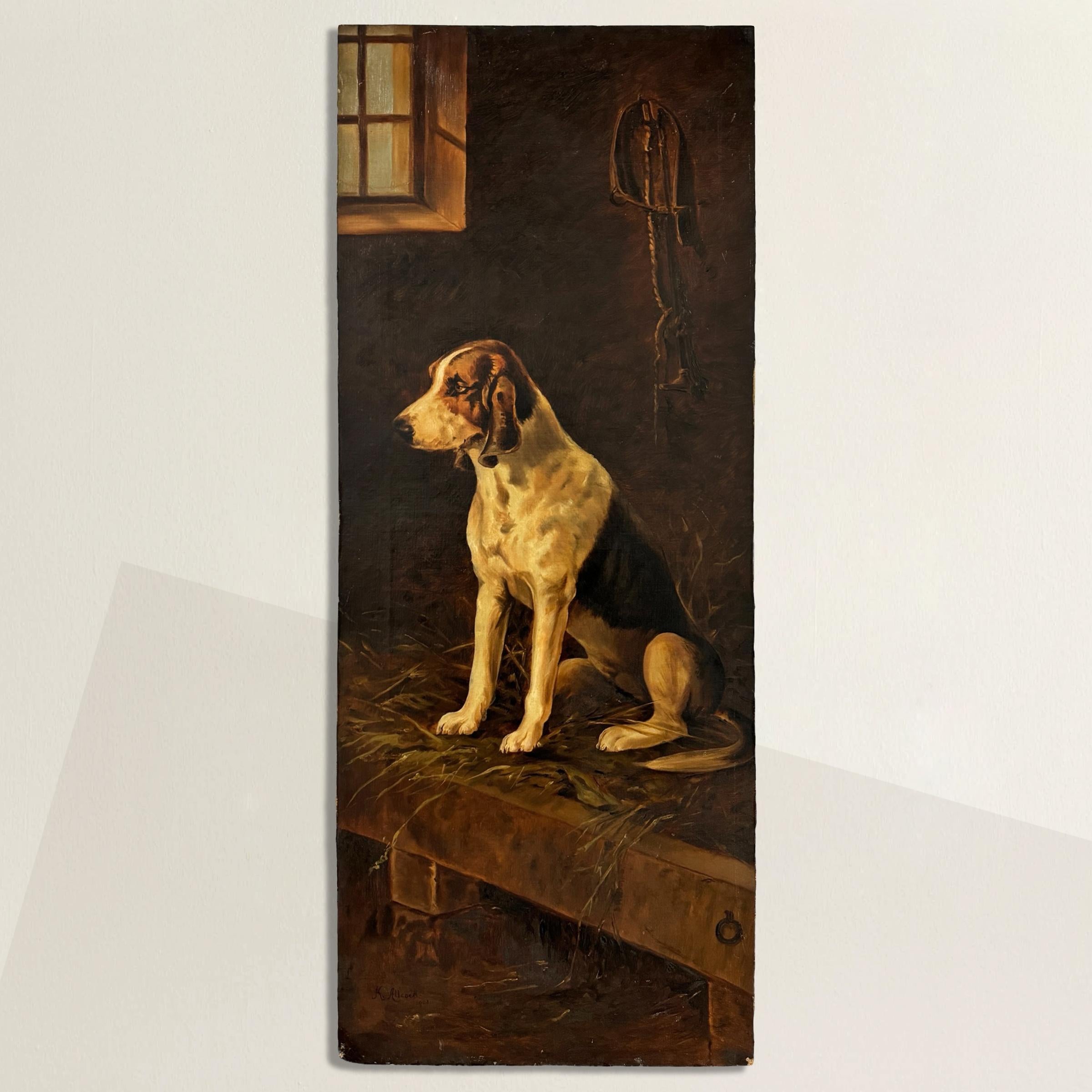 In this captivating early 20th-century English oil on canvas painting, the essence of rural life is vividly captured as a majestic hound sits regally amidst the rustic charm of a hay loft, ready for the morning hunt. Positioned atop a raised