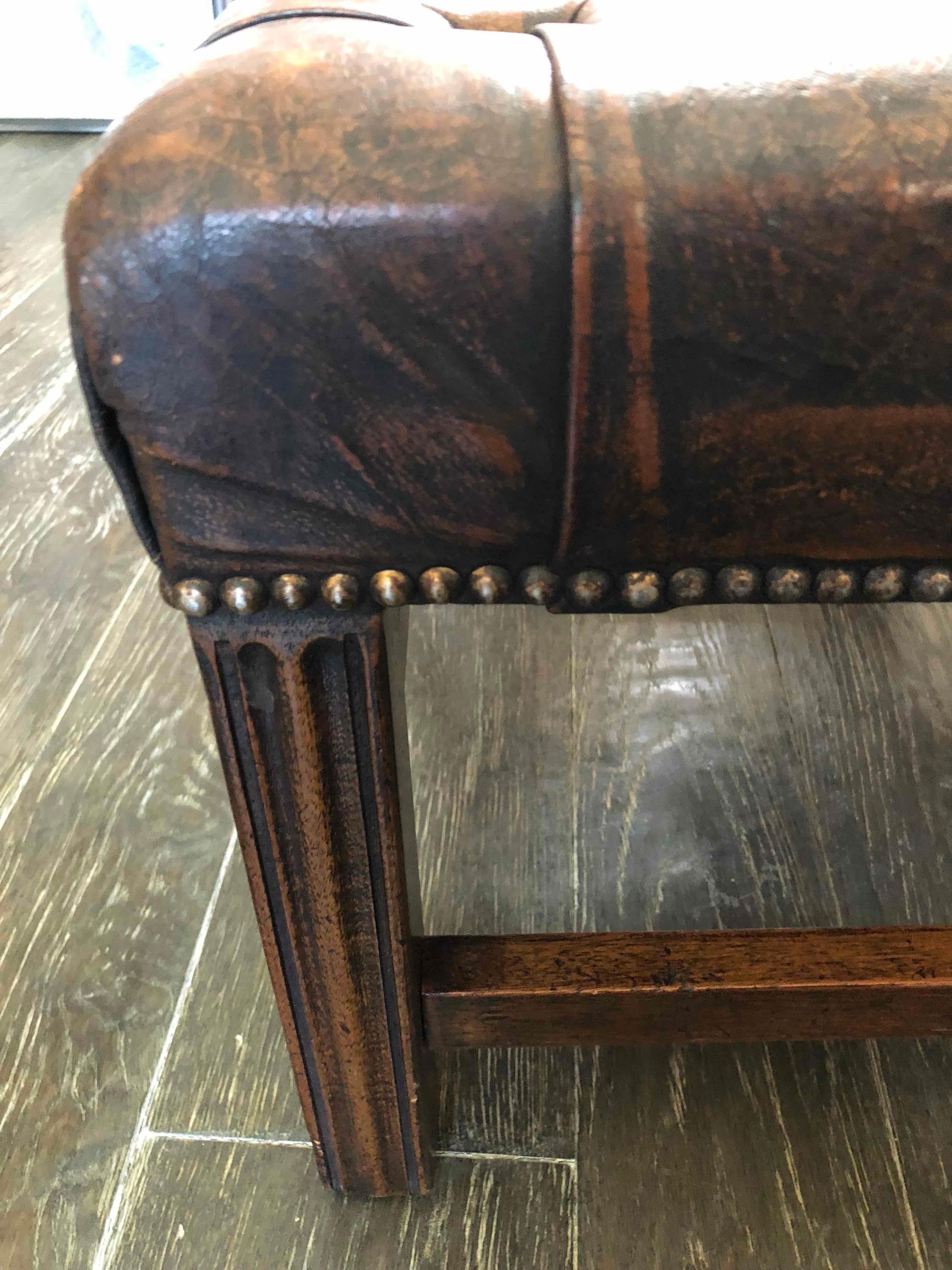 Late Victorian Early 20th Century English Leather Footstool or Bench 