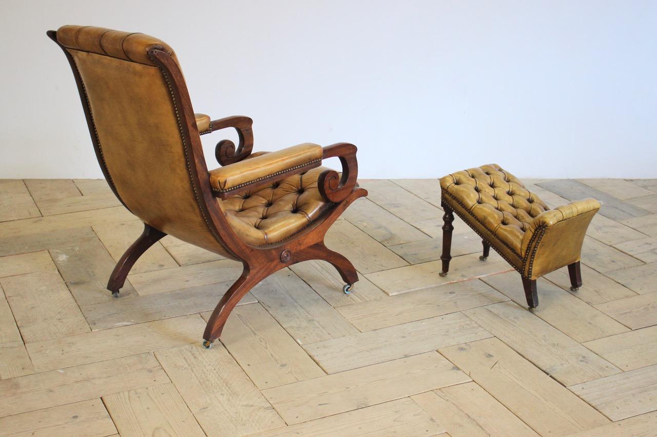 Early 20th Century English Library Armchair and Foot Stool For Sale 2