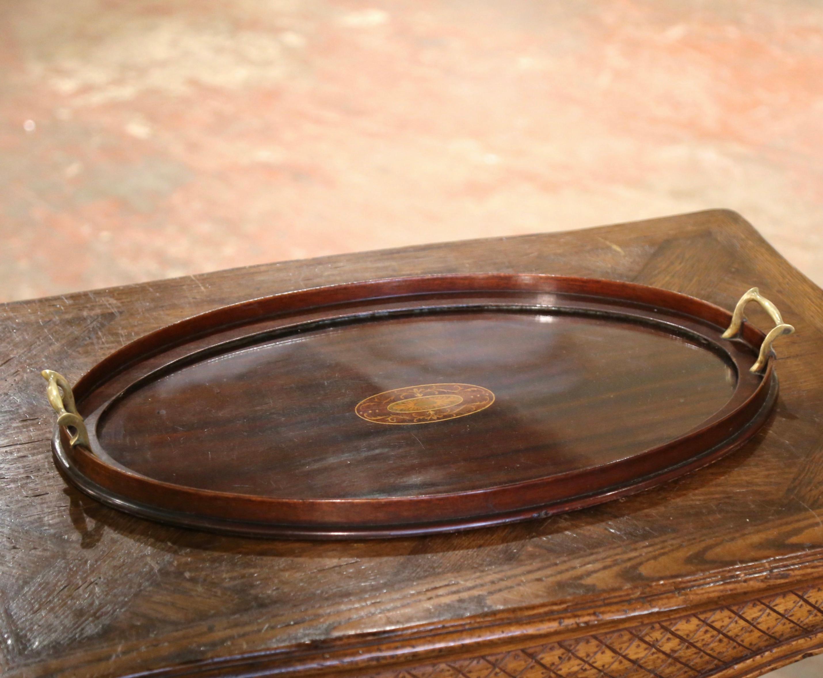 Hand-Crafted Early 20th Century English Mahogany and Glass Tray Table with Inlaid Decor