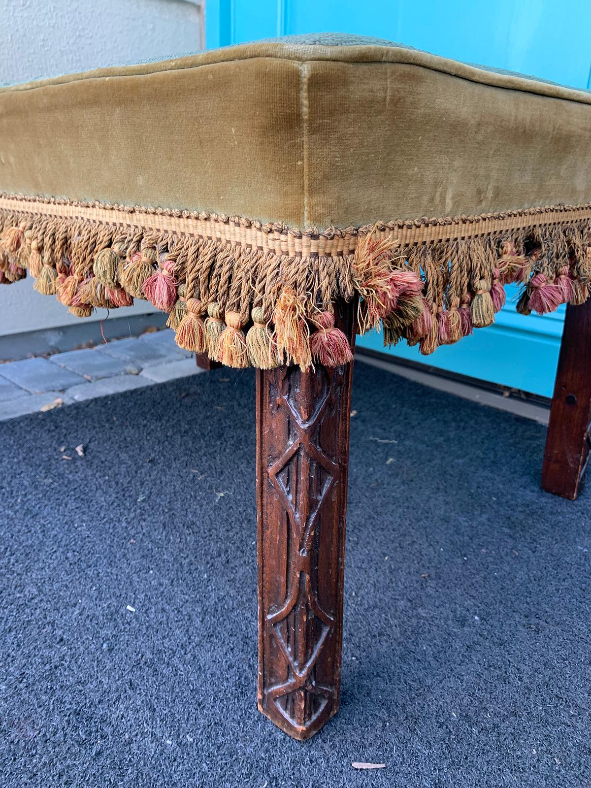 Early 20th Century English Mahogany Blind Fretwork and Needlepoint Stool Bench 1