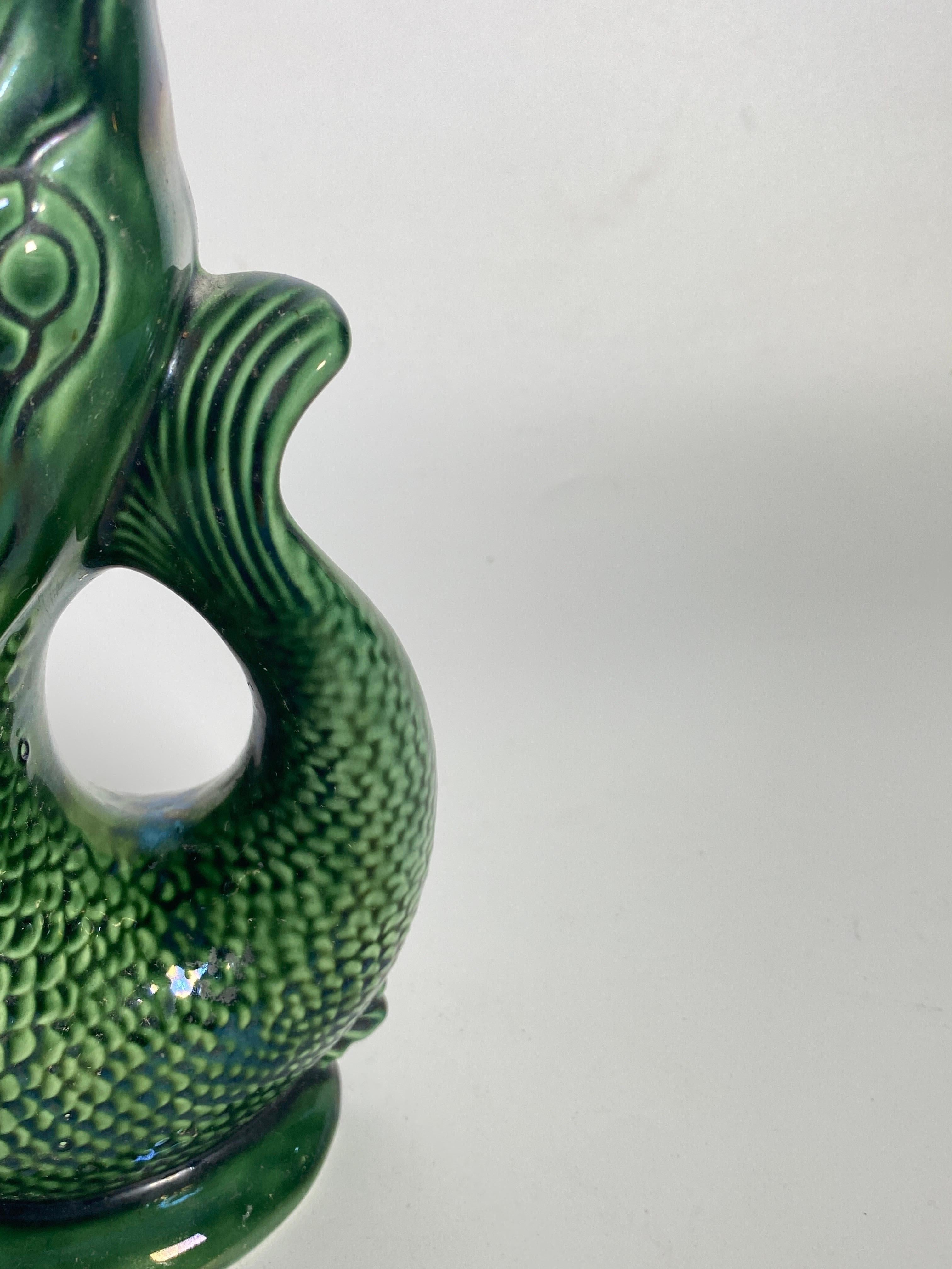 Hand-Painted Early 20th Century English Majolica Green, Leaping Fish Gurling Jug, Circa 1930