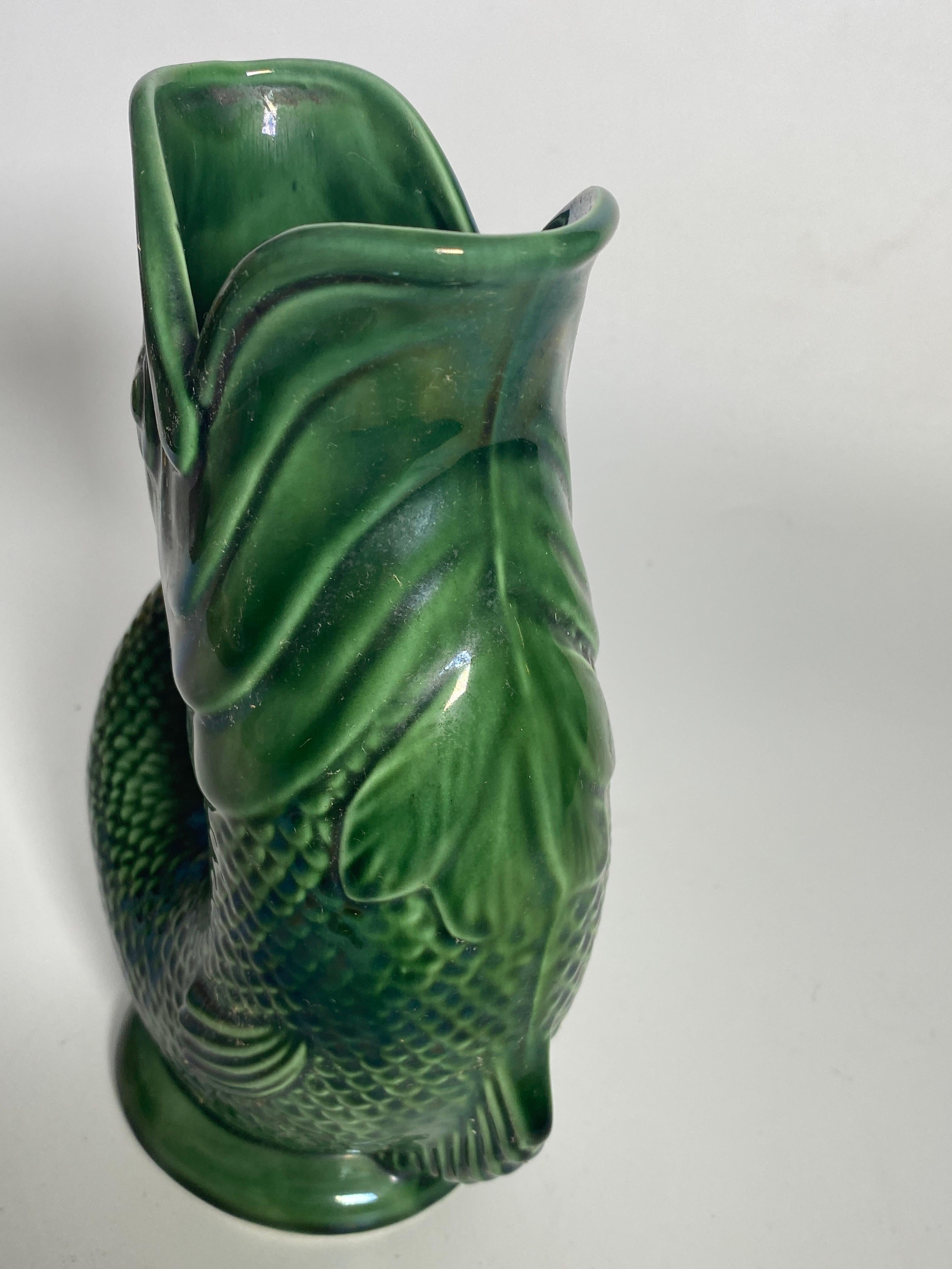 Mid-20th Century Early 20th Century English Majolica Green, Leaping Fish Gurling Jug, Circa 1930