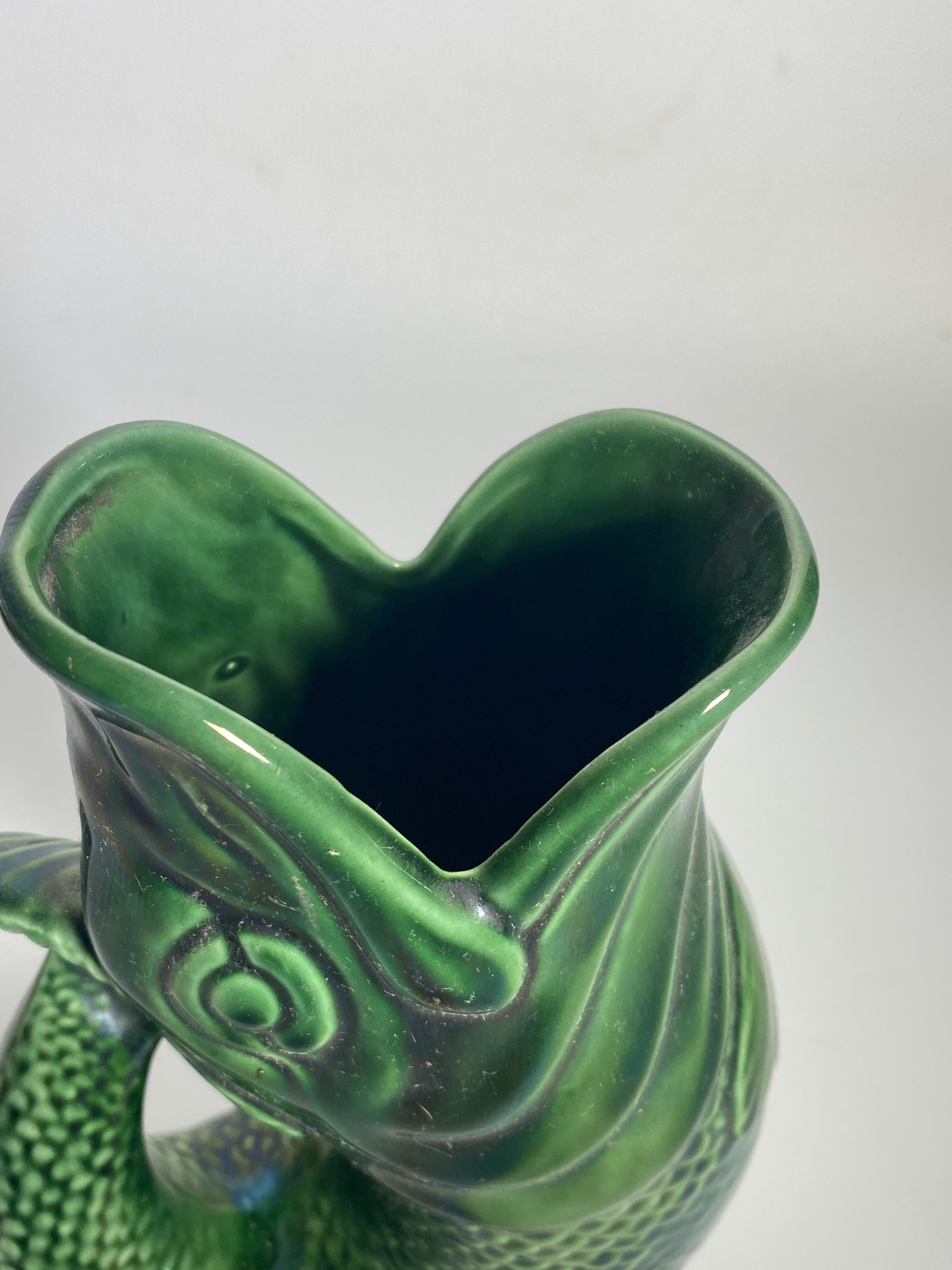 Ceramic Early 20th Century English Majolica Green, Leaping Fish Gurling Jug, Circa 1930
