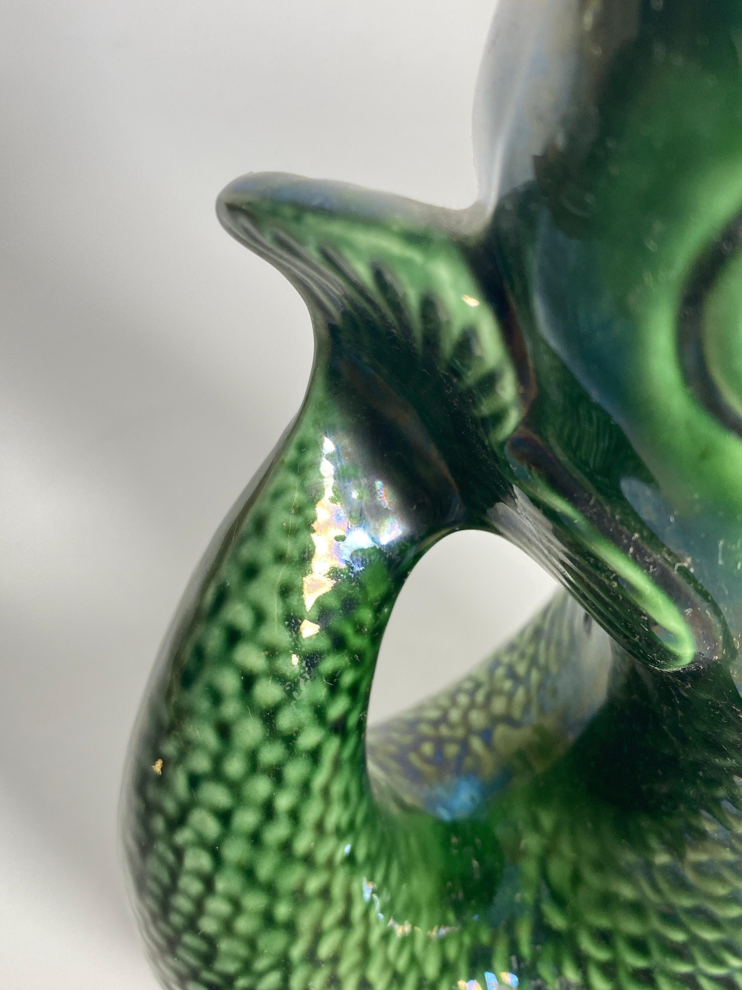 Early 20th Century English Majolica Green, Leaping Fish Gurling Jug, Circa 1930 1