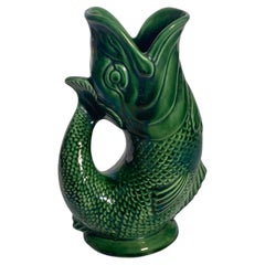 Early 20th Century English Majolica Green, Leaping Fish Gurling Jug, Circa 1930