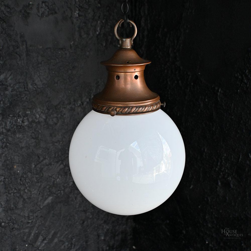 British Early 20th Century English Milk Glass & Copper Light  For Sale