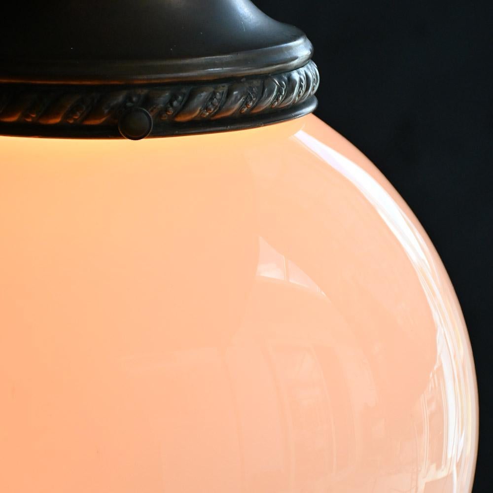 Blown Glass Early 20th Century English Milk Glass & Copper Light  For Sale