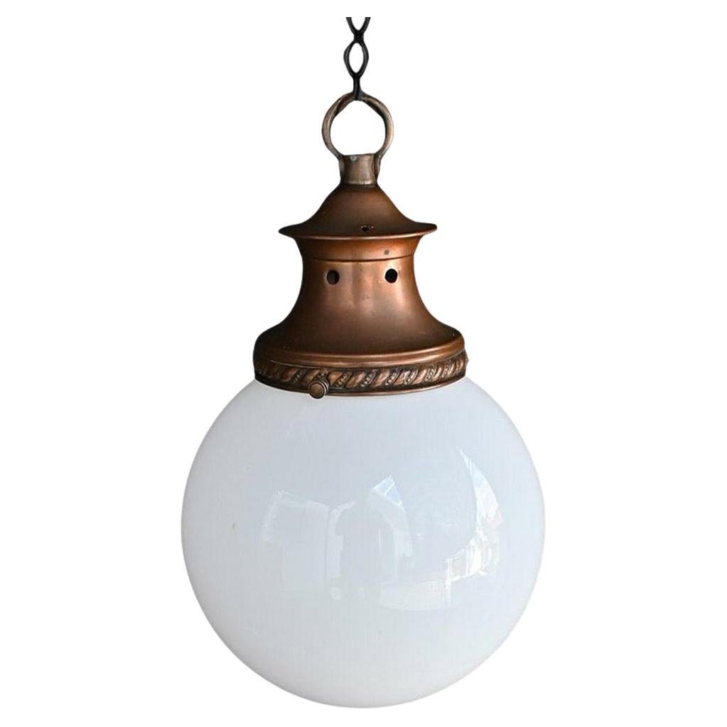 Early 20th Century English Milk Glass & Copper Light  For Sale