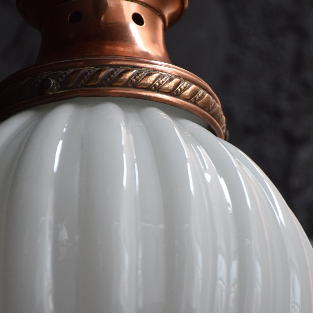Late Victorian Early 20th Century English Opaline and Copper Ribbed Light Shade
