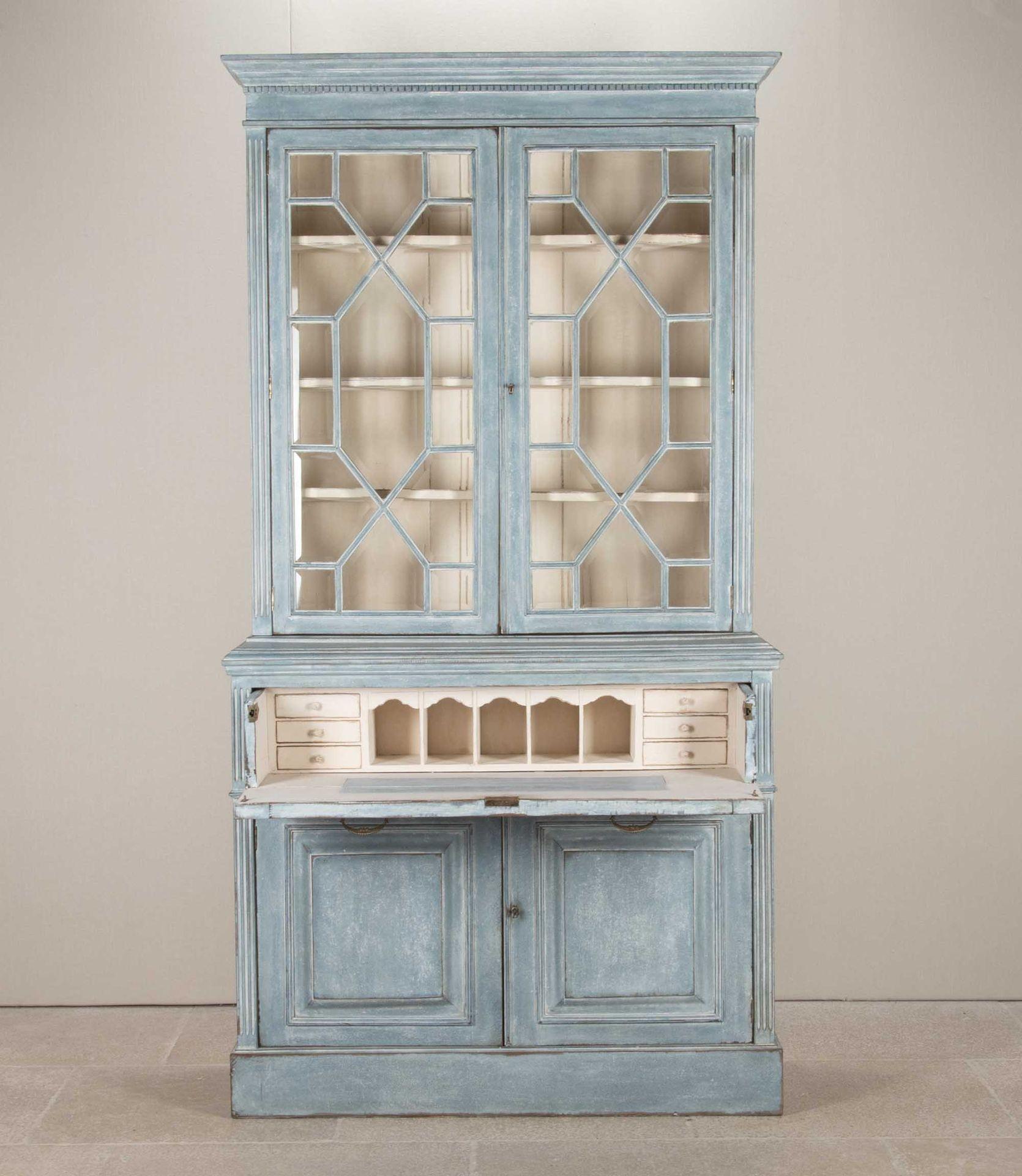 Early 20th Century English painted bookcase secretaire with later paint and bevelled glass. Circa 1910. Upper interior shelves: 8.5