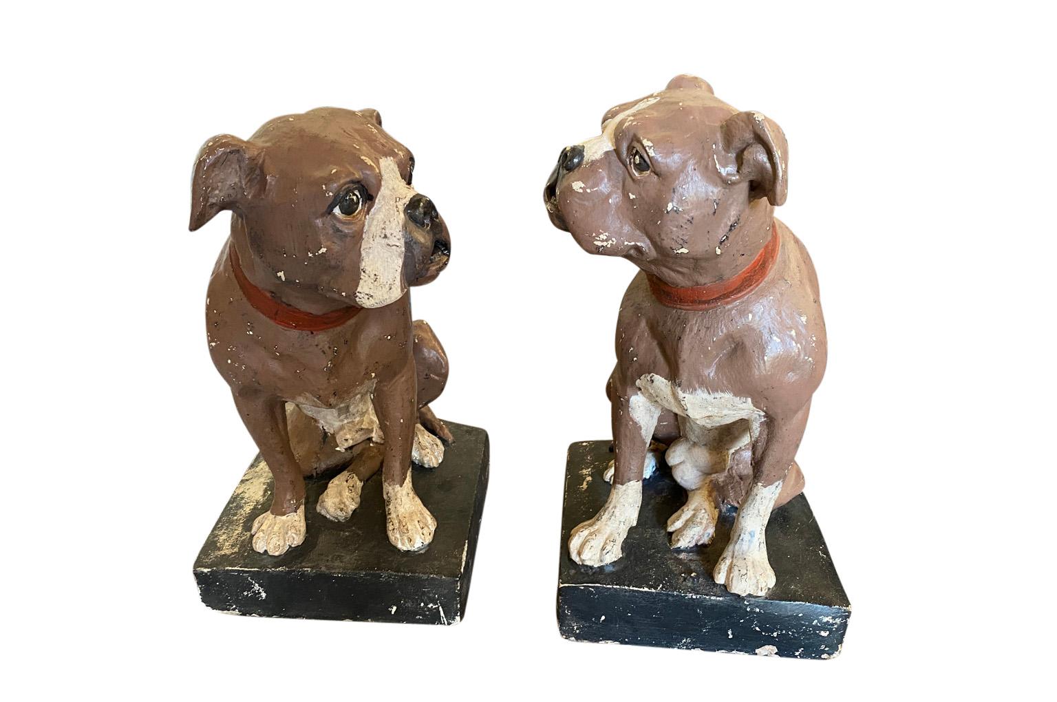 A delightful pair of early 20th century Bulldogs from England in painted concrete. Charming!.