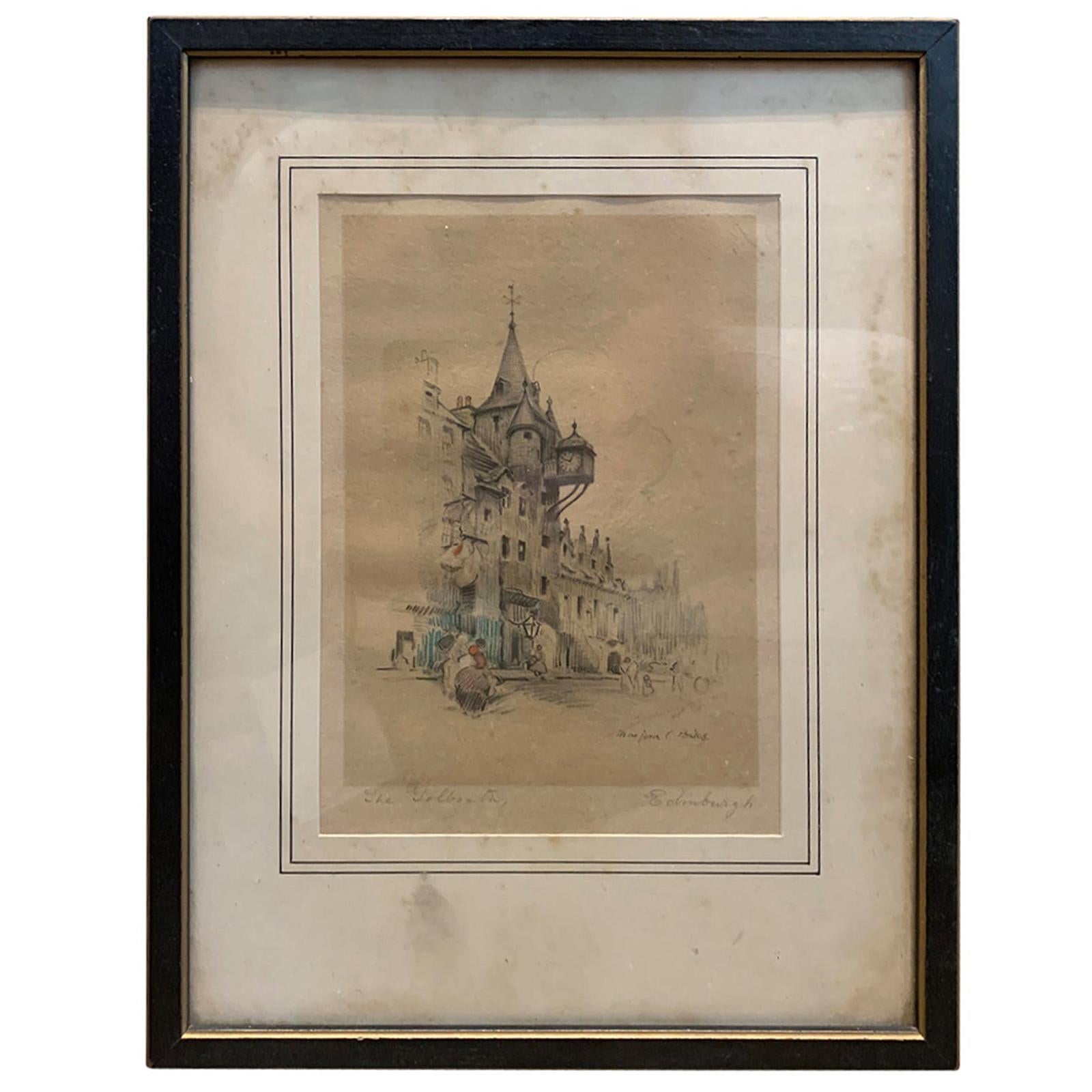 Early 20th Century English Pastel Drawing "The Tolbooth" by Marjorie C. Bates For Sale