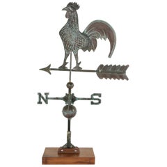 Antique Early 20th Century English Patinated Copper Rooster Weather Vane on Walnut Base