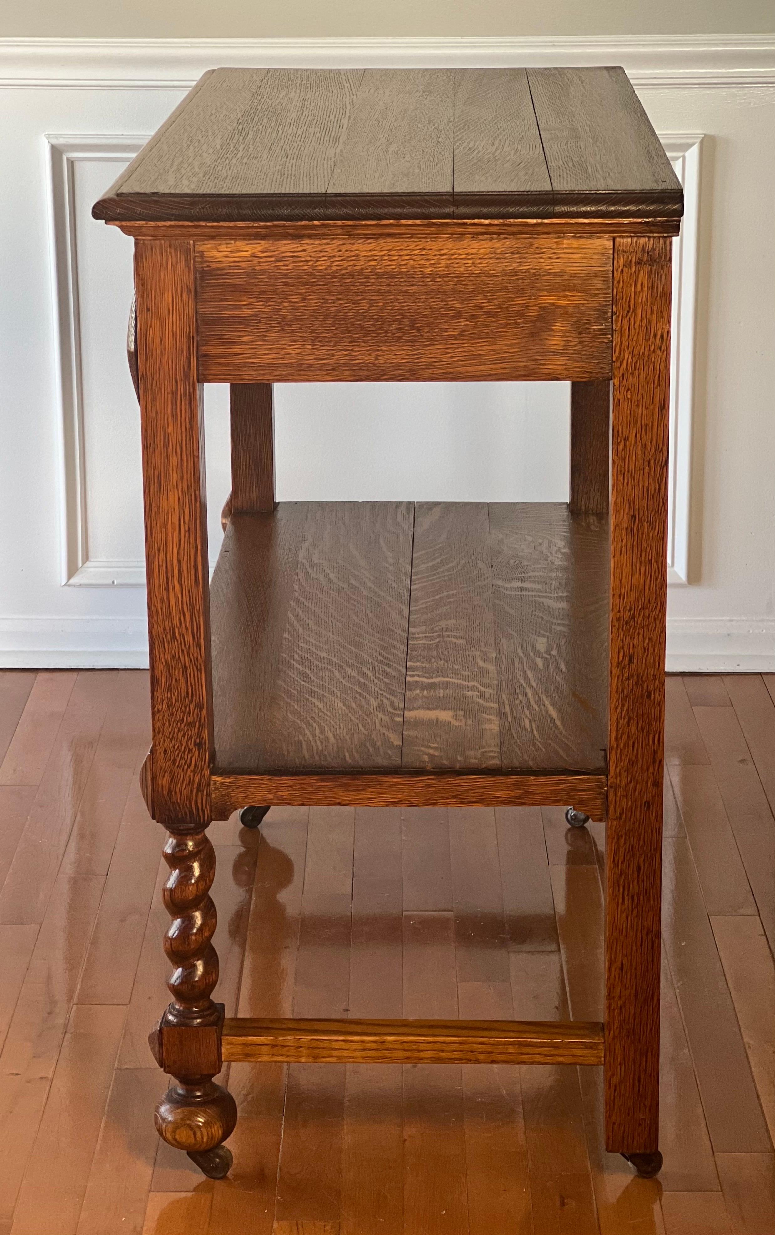 Early 20th Century English Quarter Sawn Oak Two-Tier Server on Casters For Sale 2