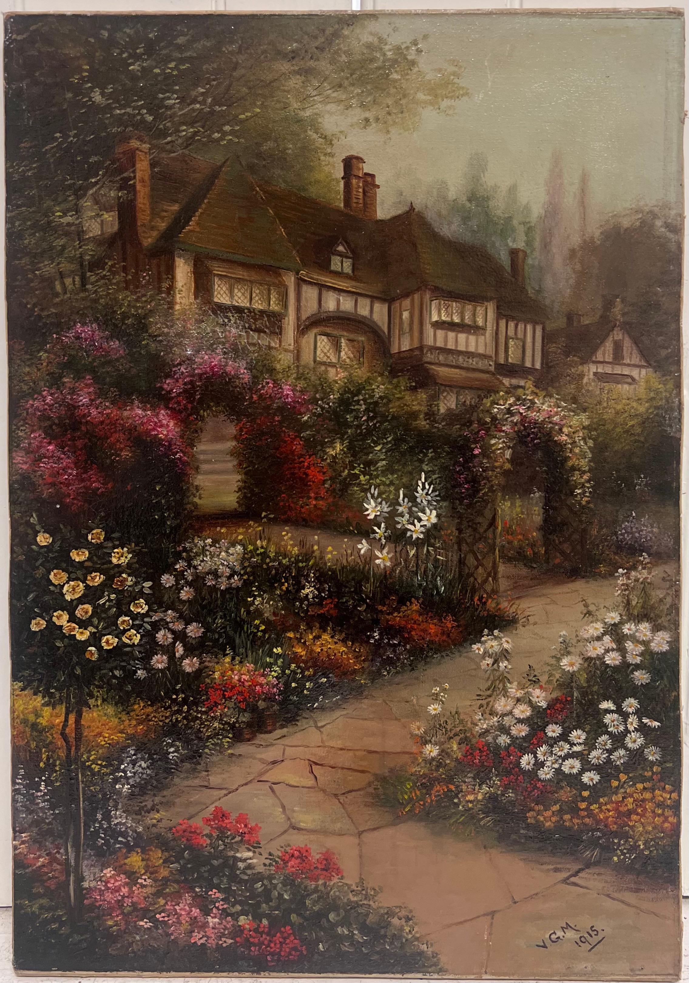 Antique English Oil Painting Old Tudor House and Flower Garden Twilight Dusk - Black Landscape Painting by Early 20th Century English School
