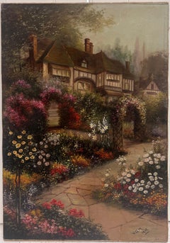 Antique English Oil Painting Old Tudor House and Flower Garden Twilight Dusk