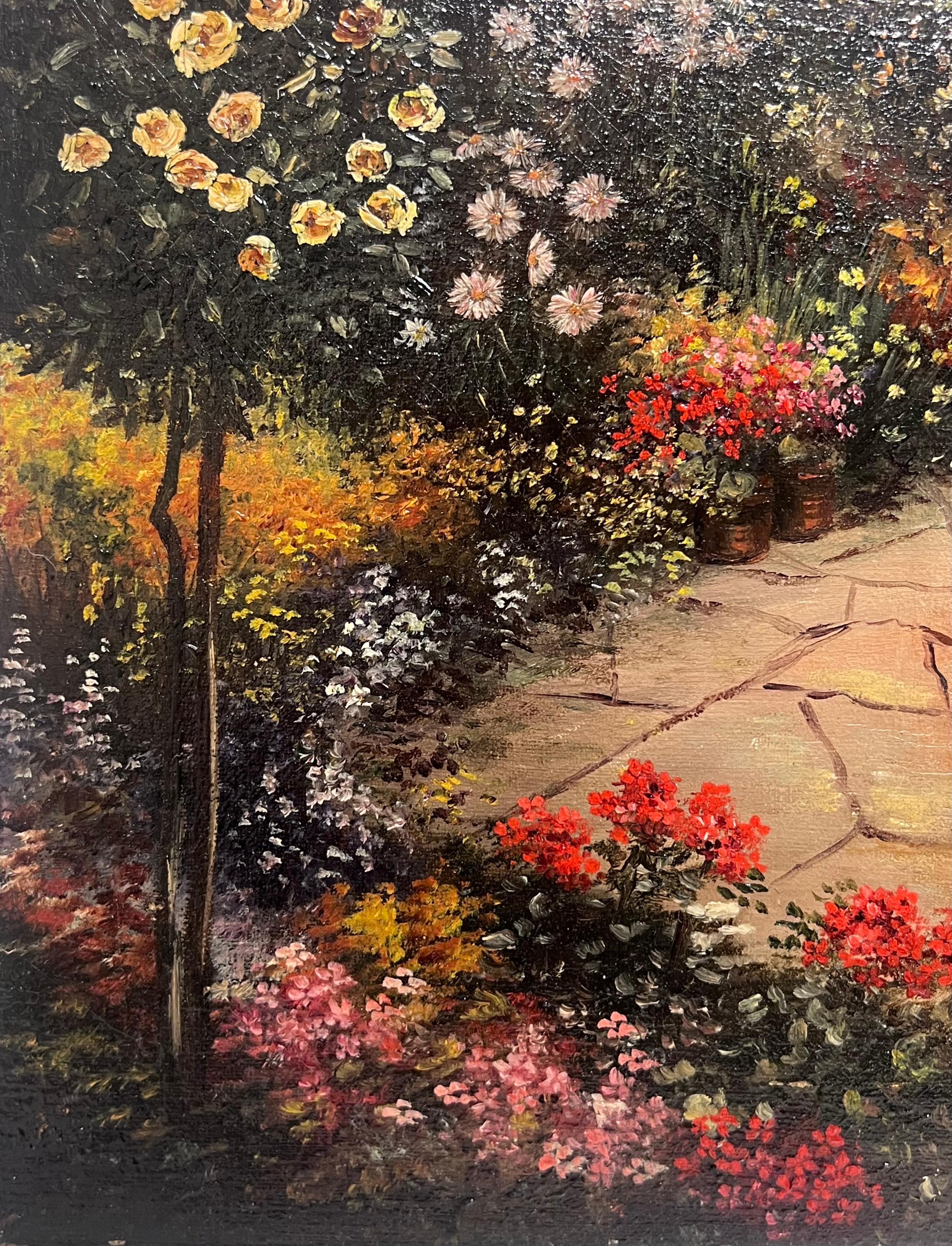 The Flower Garden
English School, signed with initials
dated 1915
oil on canvas, unframed
canvas : 20 x 14 inches
Provenance: private collection, England
Condition: very good condition except for an indentation in the canvas which is noticeable from