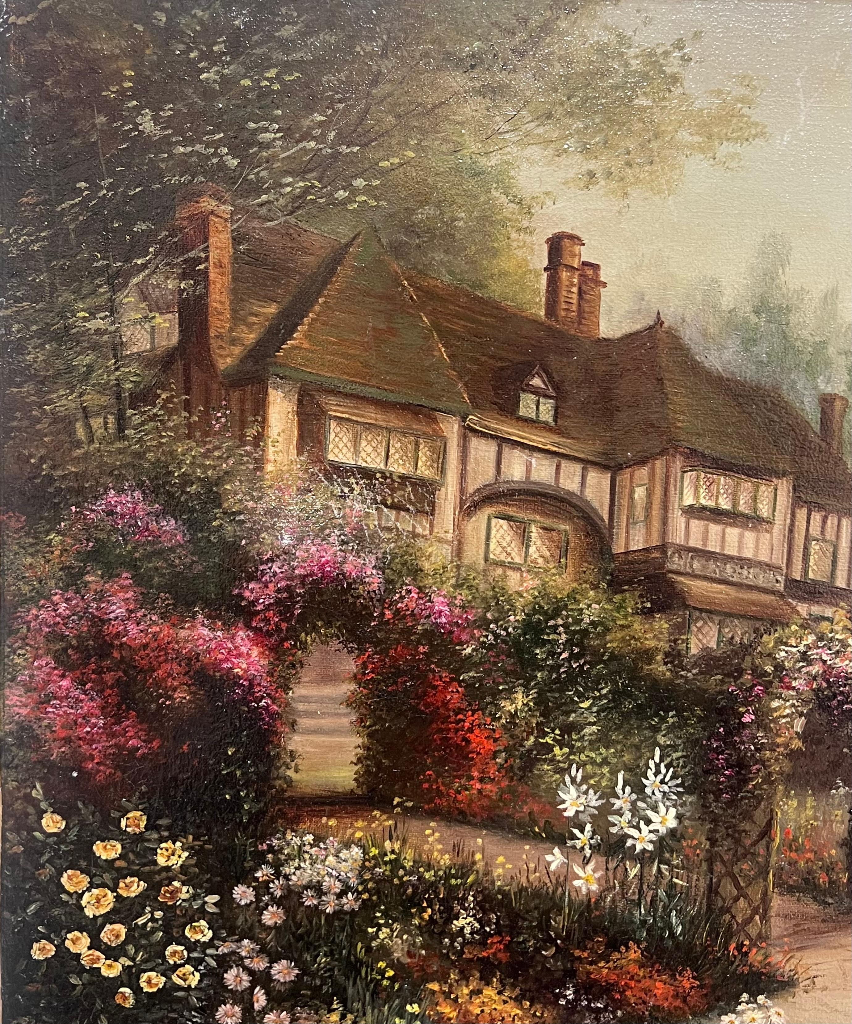 Antique English Oil Painting Old Tudor House and Flower Garden Twilight Dusk For Sale 1
