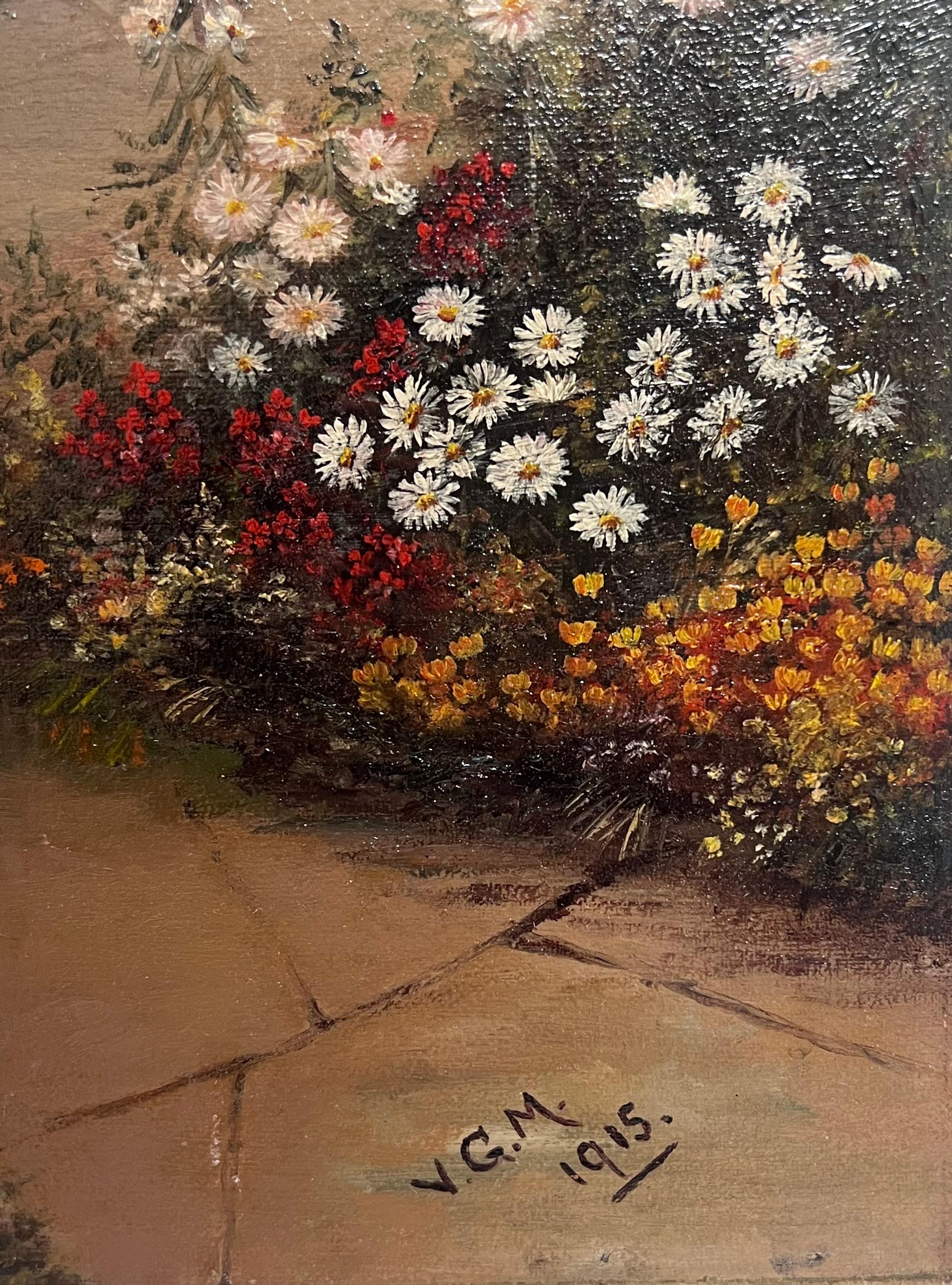 Antique English Oil Painting Old Tudor House and Flower Garden Twilight Dusk For Sale 2