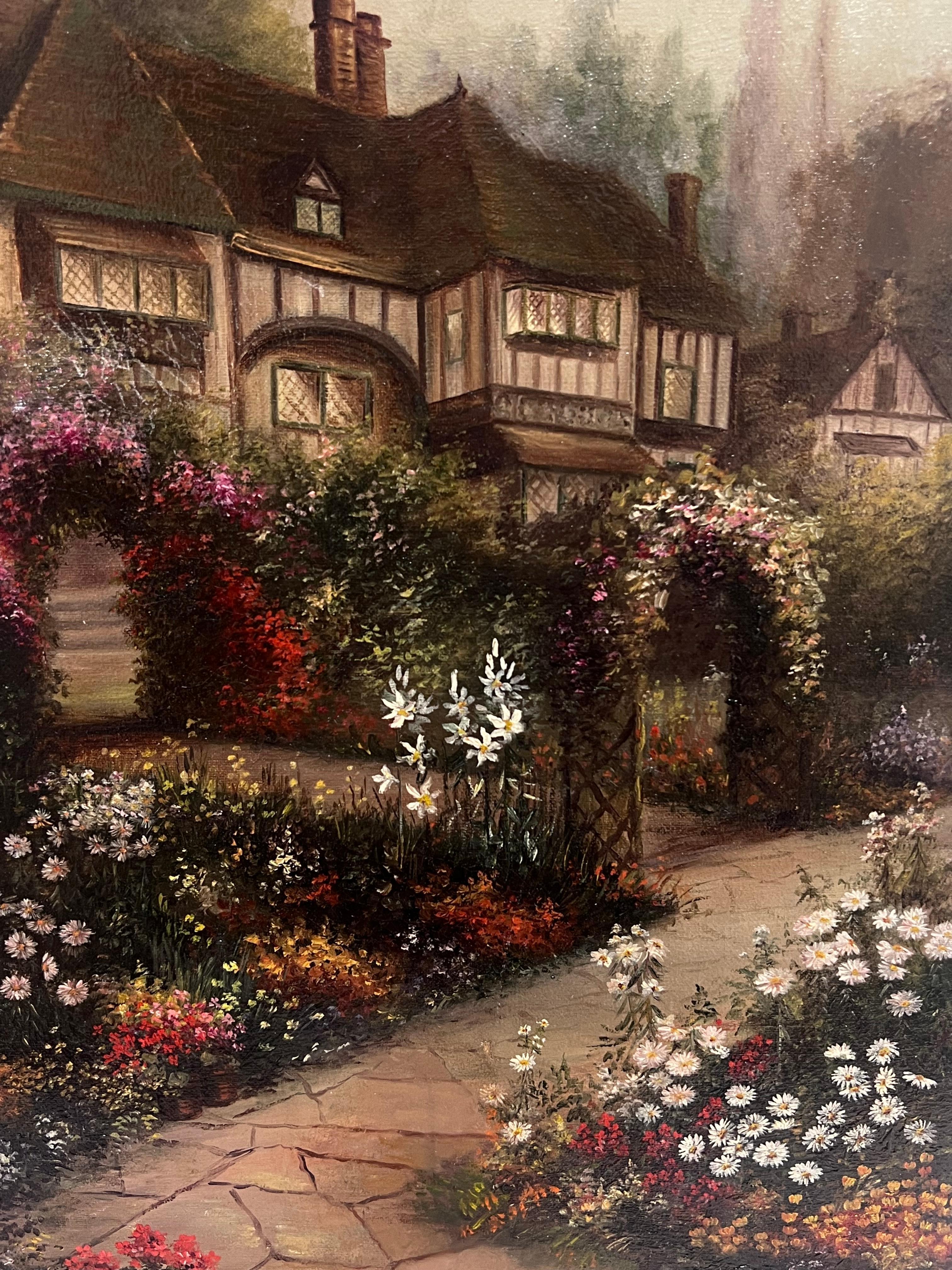 Antique English Oil Painting Old Tudor House and Flower Garden Twilight Dusk For Sale 3