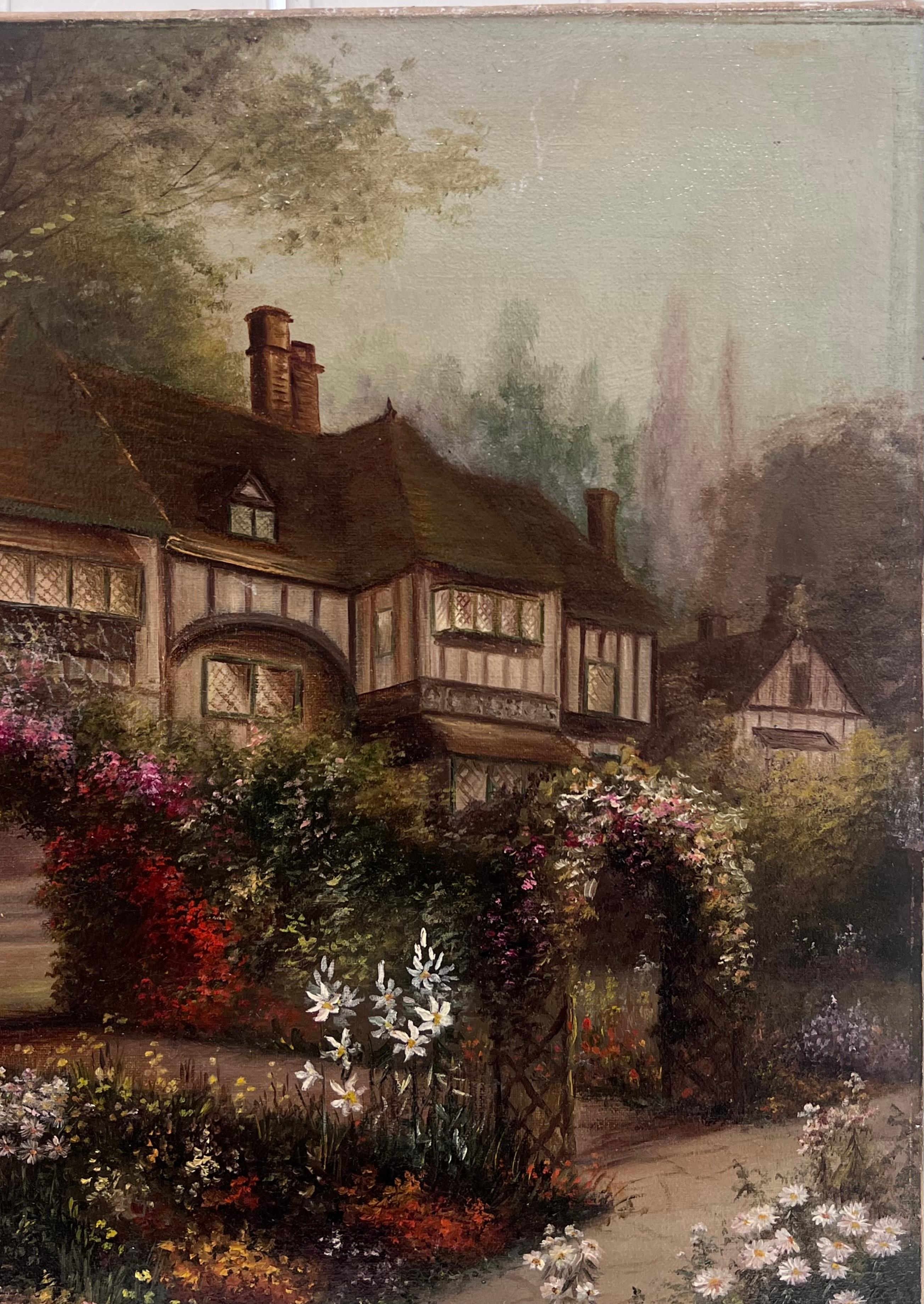 Antique English Oil Painting Old Tudor House and Flower Garden Twilight Dusk For Sale 4